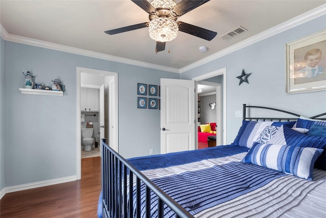 3042 Preston Club Dr, Sherman, TX 75092 - bedroom with wood finished floors, baseboards, crown molding, connected bathroom, and a ceiling fan