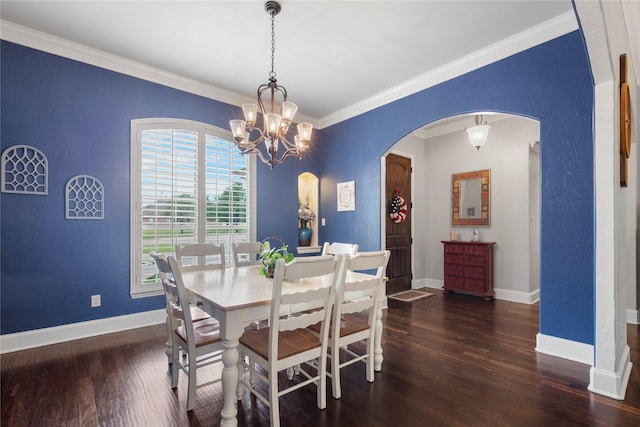 3042 Preston Club Dr, Sherman, TX 75092 - dining space with arched walkways, wood finished floors, a chandelier, crown molding, and baseboards