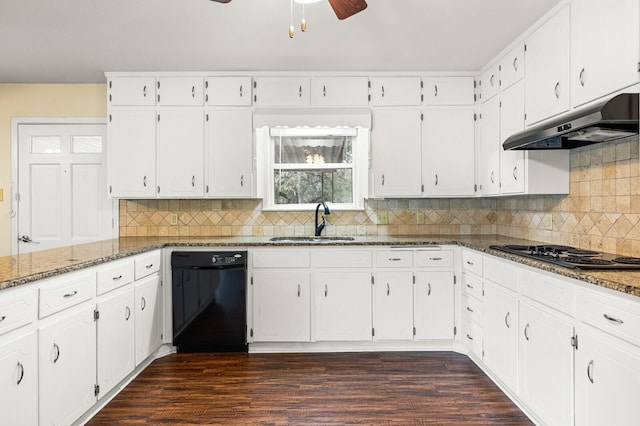 281 Lakeside Dr, China Spring, TX 76633 - kitchen with black appliances, under cabinet range hood, a sink, dark stone counters, and white cabinets