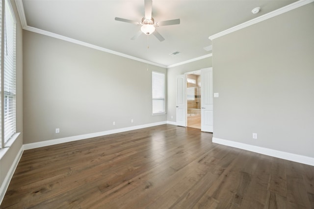 2608 Morning Mist Ln, Nevada, TX 75173 - empty room featuring ceiling fan, baseboards, dark wood-style floors, and ornamental molding