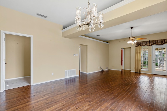 1505 Hyde Park Blvd, Cleburne, TX 76033 - unfurnished living room featuring hardwood / wood-style floors, a chandelier, a ceiling fan, baseboards, and ornamental molding