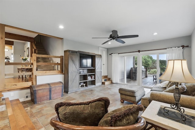 4009 Seminole Trl, Granbury, TX 76048 - living area featuring stairway, recessed lighting, and a ceiling fan