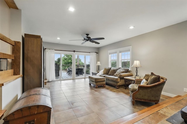 4009 Seminole Trl, Granbury, TX 76048 - living room with ceiling fan, recessed lighting, and light tile patterned floors