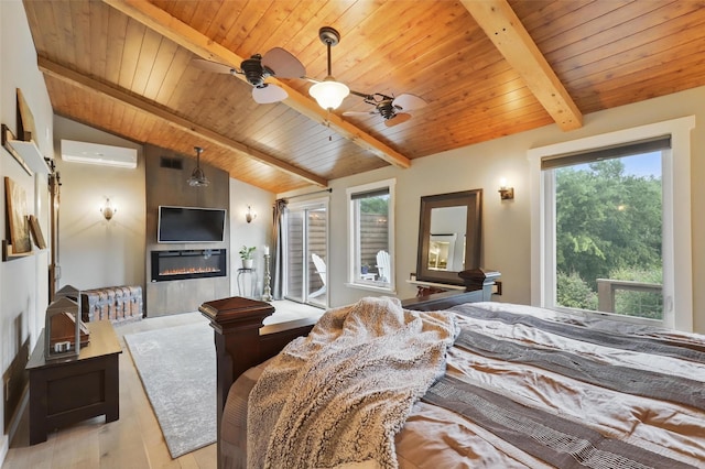 4009 Seminole Trl, Granbury, TX 76048 - bedroom with an AC wall unit, light wood-style flooring, wood ceiling, a glass covered fireplace, and access to outside