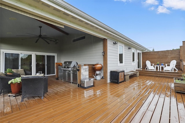 4009 Seminole Trl, Granbury, TX 76048 - wooden deck with a ceiling fan and outdoor lounge area