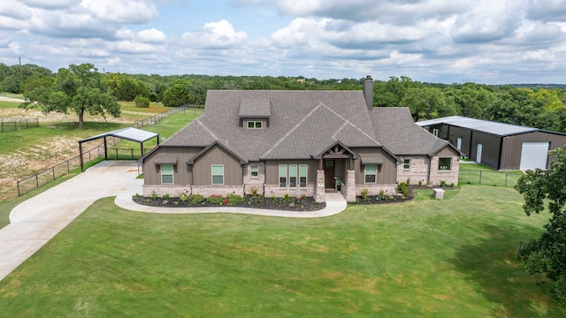 105 Aslan Rd, Poolville, TX 76487 - view of front of house featuring a chimney, stone siding, concrete driveway, a shingled roof, and board and batten siding