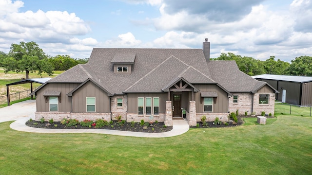 105 Aslan Rd, Poolville, TX 76487 - craftsman-style home with board and batten siding, a shingled roof, a chimney, and brick siding