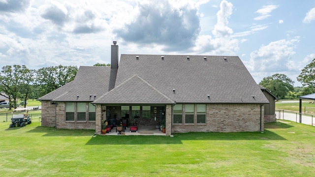 105 Aslan Rd, Poolville, TX 76487 - back of house with a patio, brick siding, a chimney, and roof with shingles