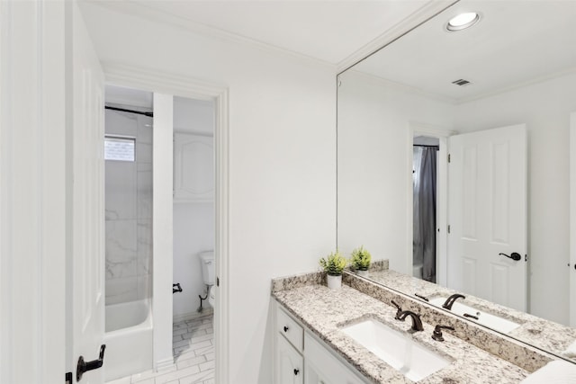 5920 Loch Lomond Dr, Plano, TX 75093 - bathroom featuring marble finish flooring, vanity, crown molding, toilet, and  shower combination