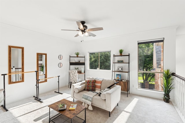 5920 Loch Lomond Dr, Plano, TX 75093 - living room with ornamental molding, light carpet, plenty of natural light, and ceiling fan