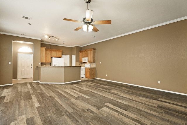 3116 Frazier Ave, Fort Worth, TX 76110 - unfurnished living room featuring a ceiling fan, baseboards, dark wood finished floors, track lighting, and ornamental molding