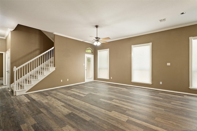 3116 Frazier Ave, Fort Worth, TX 76110 - unfurnished living room with wood finished floors, crown molding, a ceiling fan, stairs, and plenty of natural light