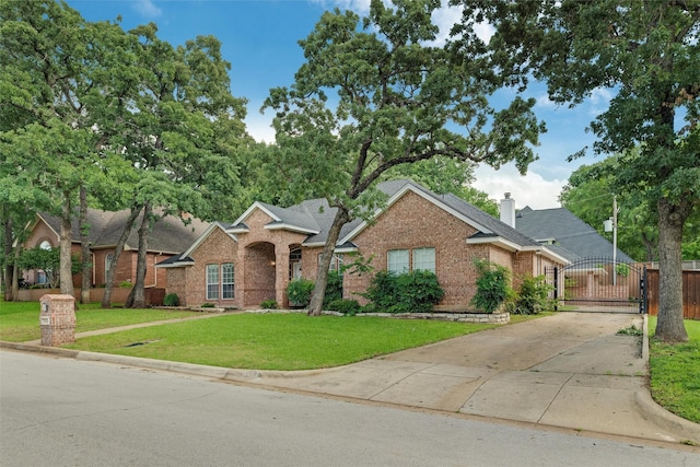 3402 Blue Forest Dr, Arlington, TX 76001 - view of front facade featuring brick siding, a gate, a front lawn, concrete driveway, and a shingled roof