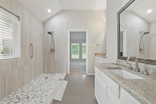 3402 Blue Forest Dr, Arlington, TX 76001 - full bath featuring lofted ceiling, a walk in shower, vanity, tile patterned floors, and recessed lighting