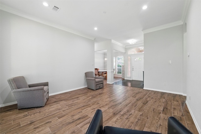 3402 Blue Forest Dr, Arlington, TX 76001 - living area featuring wood finished floors, crown molding, baseboards, and recessed lighting