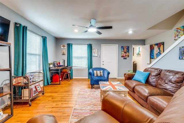 4902 N Hall St, Dallas, TX 75235 - living room featuring ceiling fan, wood finished floors, baseboards, and recessed lighting