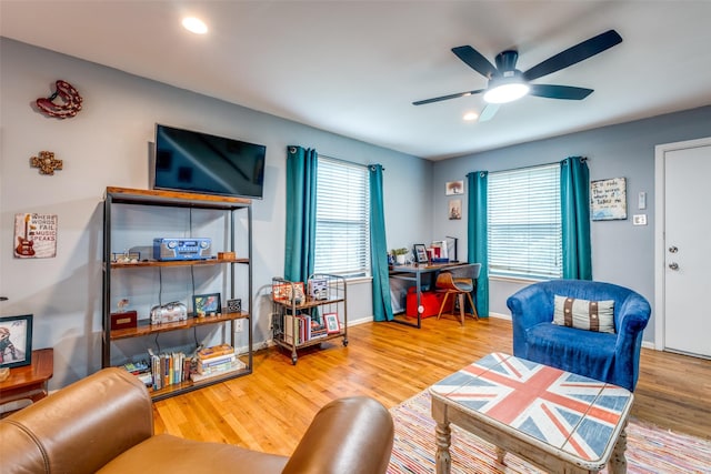 4902 N Hall St, Dallas, TX 75235 - living room featuring ceiling fan, wood finished floors, recessed lighting, and baseboards