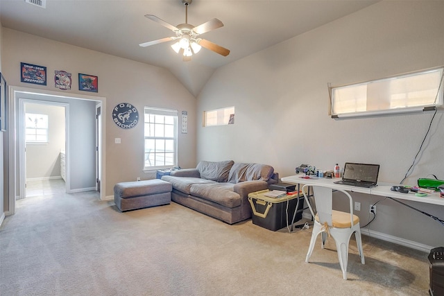 106 Camelot St, Glen Rose, TX 76043 - living room with ceiling fan, light colored carpet, lofted ceiling, and a desk