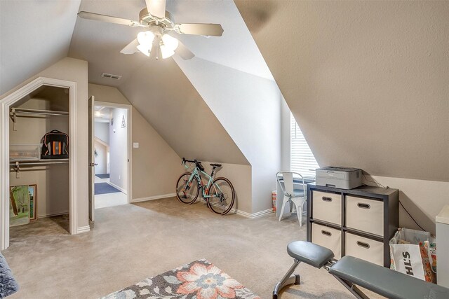 106 Camelot St, Glen Rose, TX 76043 - exercise room with carpet floors, vaulted ceiling, and ceiling fan