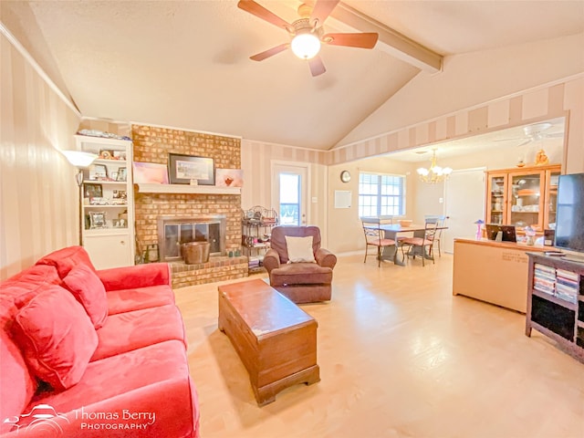 2850 Button Willow Ave, Abilene, TX 79606 - living area featuring a chandelier, a ceiling fan, and a brick fireplace
