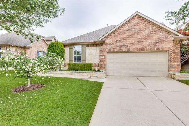 1728 Sandpiper Ln, Carrollton, TX 75007 - view of front of house featuring brick siding, a front yard, concrete driveway, an attached garage, and a shingled roof