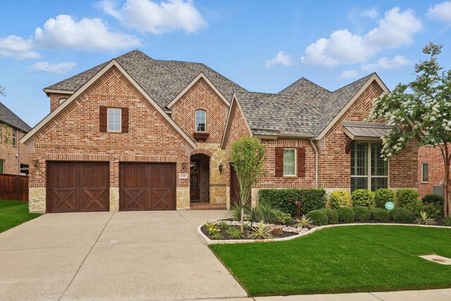 3500 Oak Island Ln, Flower Mound, TX 75028 - view of front of property with brick siding, a front lawn, concrete driveway, stone siding, and an attached garage
