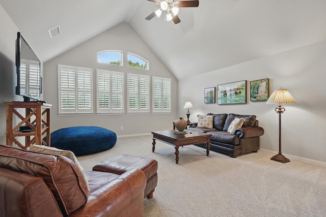 3500 Oak Island Ln, Flower Mound, TX 75028 - living area featuring a ceiling fan, carpet floors, vaulted ceiling, and baseboards