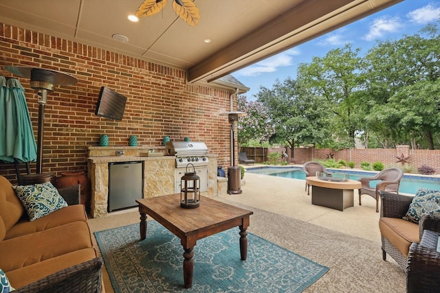 3500 Oak Island Ln, Flower Mound, TX 75028 - fenced backyard with an outdoor hangout area, a ceiling fan, and a patio area