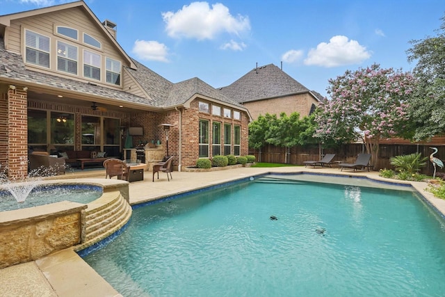 3500 Oak Island Ln, Flower Mound, TX 75028 - view of pool featuring a patio, an outdoor hangout area, ceiling fan, and a pool with connected hot tub