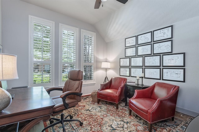 507 Clover Leaf Ln, Mckinney, TX 75072 - office space with ceiling fan, healthy amount of natural light, baseboards, vaulted ceiling, and wood finished floors
