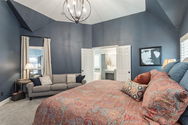 507 Clover Leaf Ln, Mckinney, TX 75072 - carpeted bedroom with lofted ceiling and a chandelier