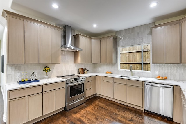 4605 Lafayette Ave, Fort Worth, TX 76107 - kitchen with appliances with stainless steel finishes, wall chimney range hood, a sink, backsplash, and light stone counters