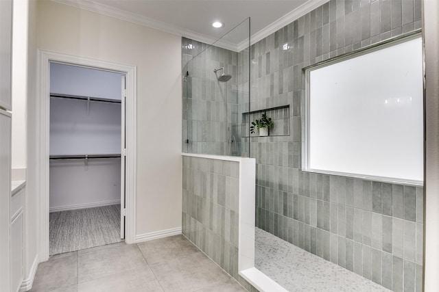 4605 Lafayette Ave, Fort Worth, TX 76107 - bathroom with ornamental molding, walk in shower, tile patterned floors, a walk in closet, and recessed lighting