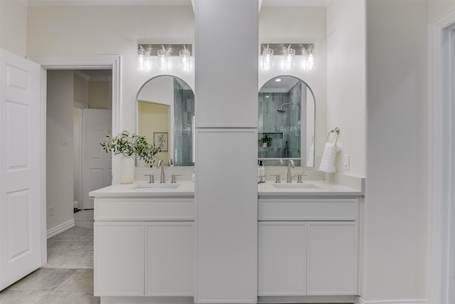 4605 Lafayette Ave, Fort Worth, TX 76107 - full bath with crown molding, two vanities, a tile shower, and tile patterned floors