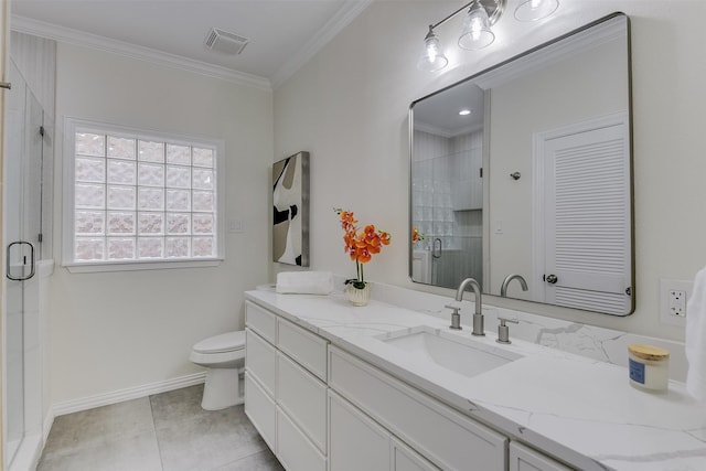 4605 Lafayette Ave, Fort Worth, TX 76107 - full bath featuring vanity, a shower stall, ornamental molding, toilet, and tile patterned floors