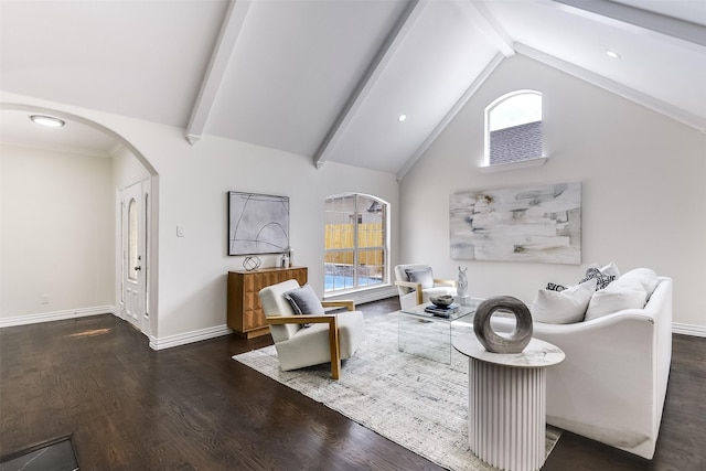 4605 Lafayette Ave, Fort Worth, TX 76107 - living area with beamed ceiling, wood finished floors, arched walkways, baseboards, and high vaulted ceiling