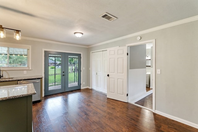 120 Rosedale Dr, Athens, TX 75751 - doorway featuring french doors, ornamental molding, dark wood-style floors, baseboards, and a sink