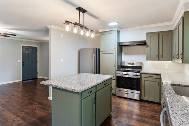 120 Rosedale Dr, Athens, TX 75751 - kitchen featuring appliances with stainless steel finishes, green cabinets, dark wood-type flooring, ornamental molding, and light stone countertops