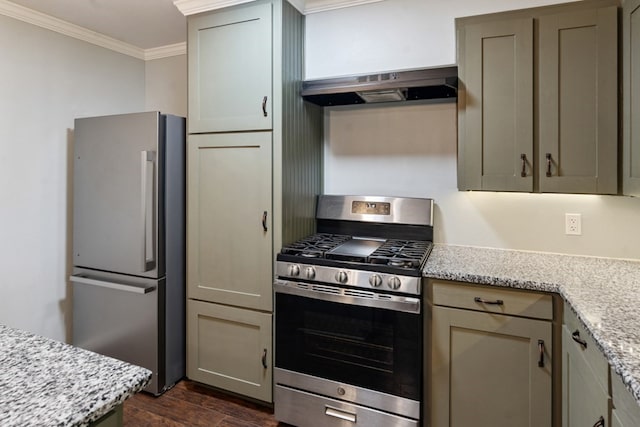 120 Rosedale Dr, Athens, TX 75751 - kitchen with stainless steel appliances, under cabinet range hood, crown molding, dark wood-type flooring, and light stone counters