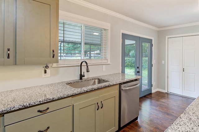120 Rosedale Dr, Athens, TX 75751 - kitchen with dishwasher, a sink, dark wood-style floors, light stone counters, and ornamental molding