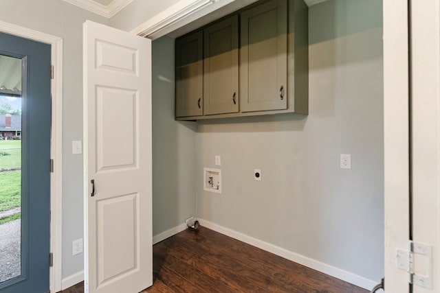 120 Rosedale Dr, Athens, TX 75751 - laundry room with cabinet space, washer hookup, crown molding, dark wood-style flooring, and baseboards