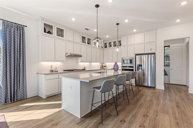 8120 Bromley Dr, Dallas, TX 75231 - kitchen featuring appliances with stainless steel finishes, under cabinet range hood, a sink, light wood-style floors, and white cabinetry