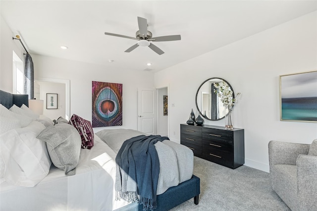 8120 Bromley Dr, Dallas, TX 75231 - bedroom with light colored carpet, ceiling fan, baseboards, and recessed lighting