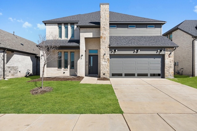 2012 Edgewater St, Celina, TX 75009 - view of front facade with an attached garage, a shingled roof, a front yard, concrete driveway, and a chimney