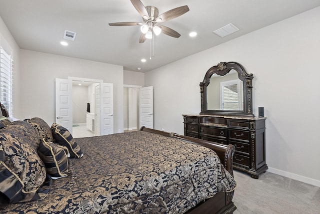 2012 Edgewater St, Celina, TX 75009 - bedroom with light colored carpet, recessed lighting, ceiling fan, baseboards, and connected bathroom