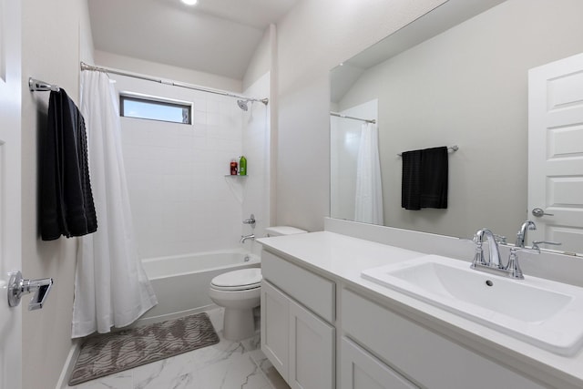 2012 Edgewater St, Celina, TX 75009 - full bathroom featuring vanity, toilet, shower / bath combination with curtain, and marble look tiles