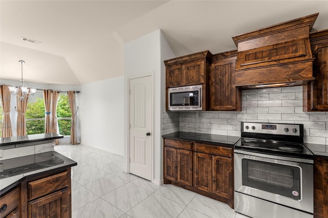 238 Rudder, Gun Barrel City, TX 75156 - kitchen featuring appliances with stainless steel finishes, vaulted ceiling, a chandelier, tasteful backsplash, and dark brown cabinets