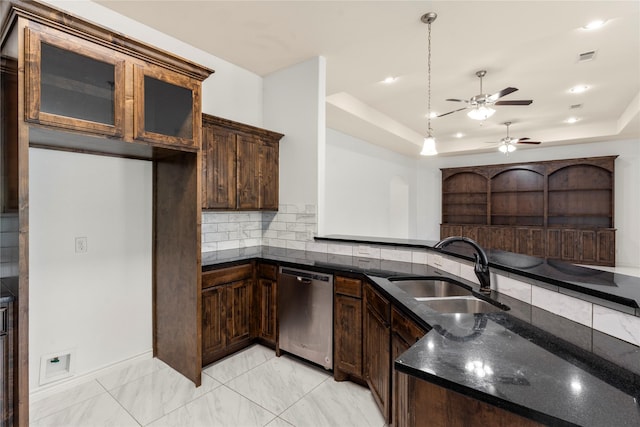 238 Rudder, Gun Barrel City, TX 75156 - kitchen featuring stainless steel dishwasher, a sink, a tray ceiling, dark stone countertops, and a ceiling fan