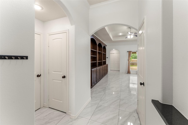 238 Rudder, Gun Barrel City, TX 75156 - hallway with arched walkways, light marble finish flooring, ornamental molding, and baseboards