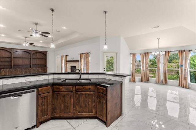 238 Rudder, Gun Barrel City, TX 75156 - kitchen featuring dishwasher, a sink, open floor plan, dark stone counters, and a chandelier